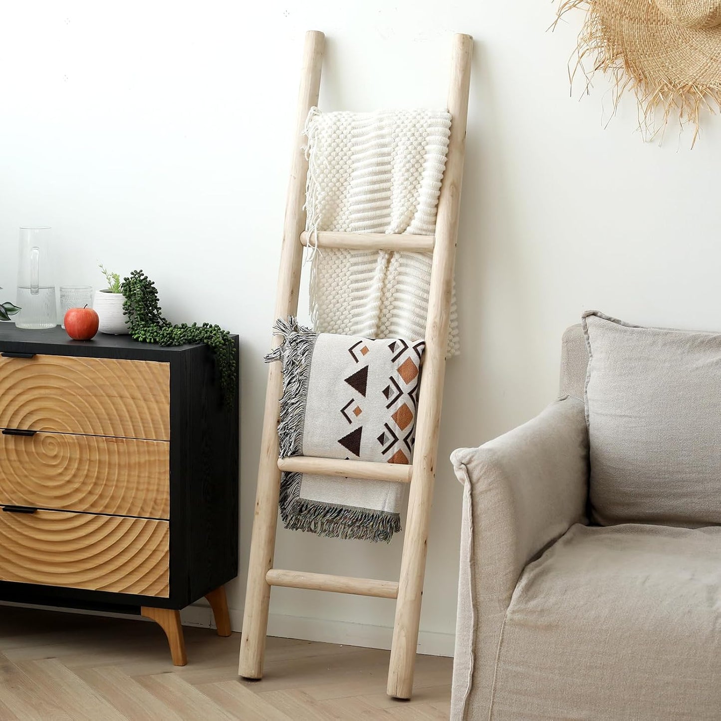 57In Wood Blanket Ladder Living Room Decorative Wall Leaning Farmhouse Quilt Display Holder Rustic Wooden Towel Rack for Bathroom, Unfinished