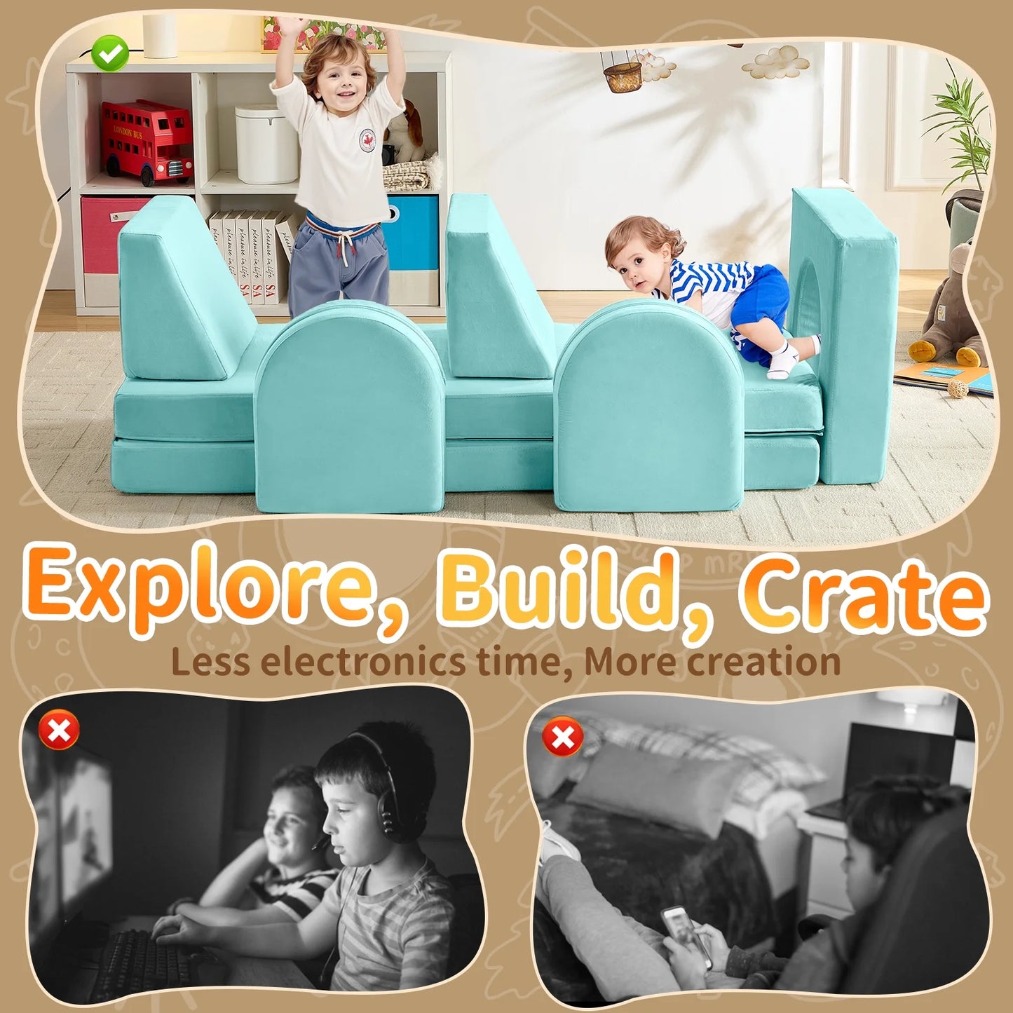 Kids Sofa Couch 10PCS,  Modular Toddler Couch for Playroom, Dutch Velvet Multifunctional Play Couch Sofa for Kids, Ice-Snow Blue