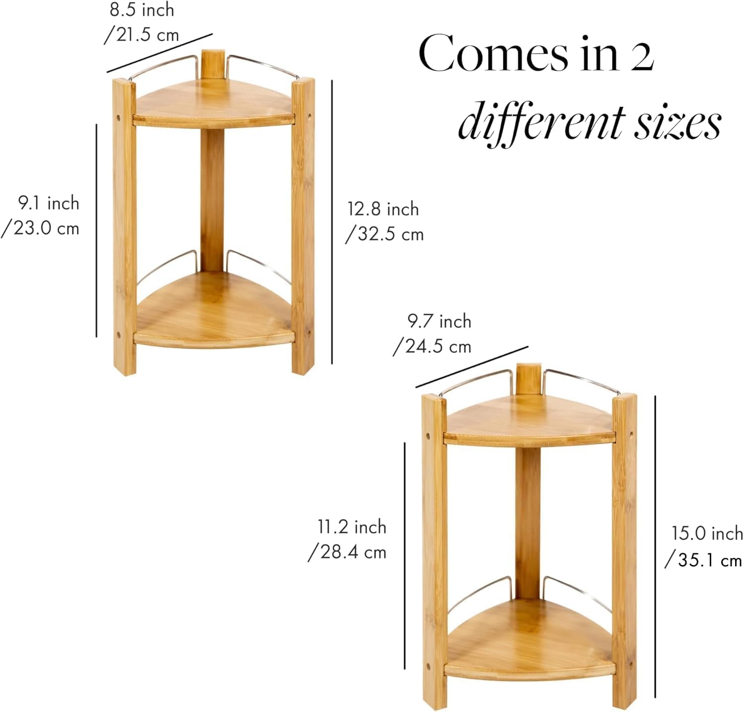 Bamboo Shower Corner Caddy, Medium - 2 Tier Bathroom Organizer Countertop for Shampoo, Conditioner, Lotion, Soap - Standing Shower Stand for Kitchen, Bedroom, or Office