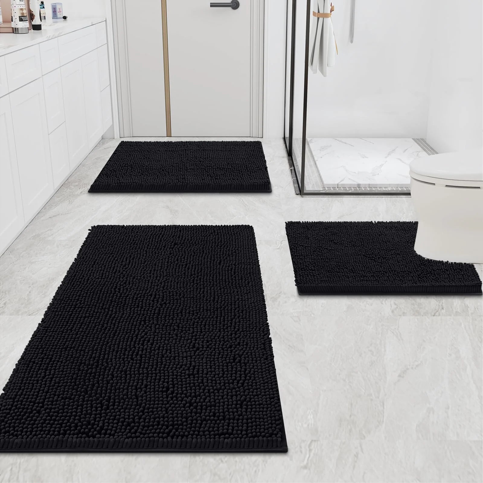 Luxury Chenille Bathroom Rugs, Extra Soft and Absorbent Bath Mat, Black, 17"X47"
