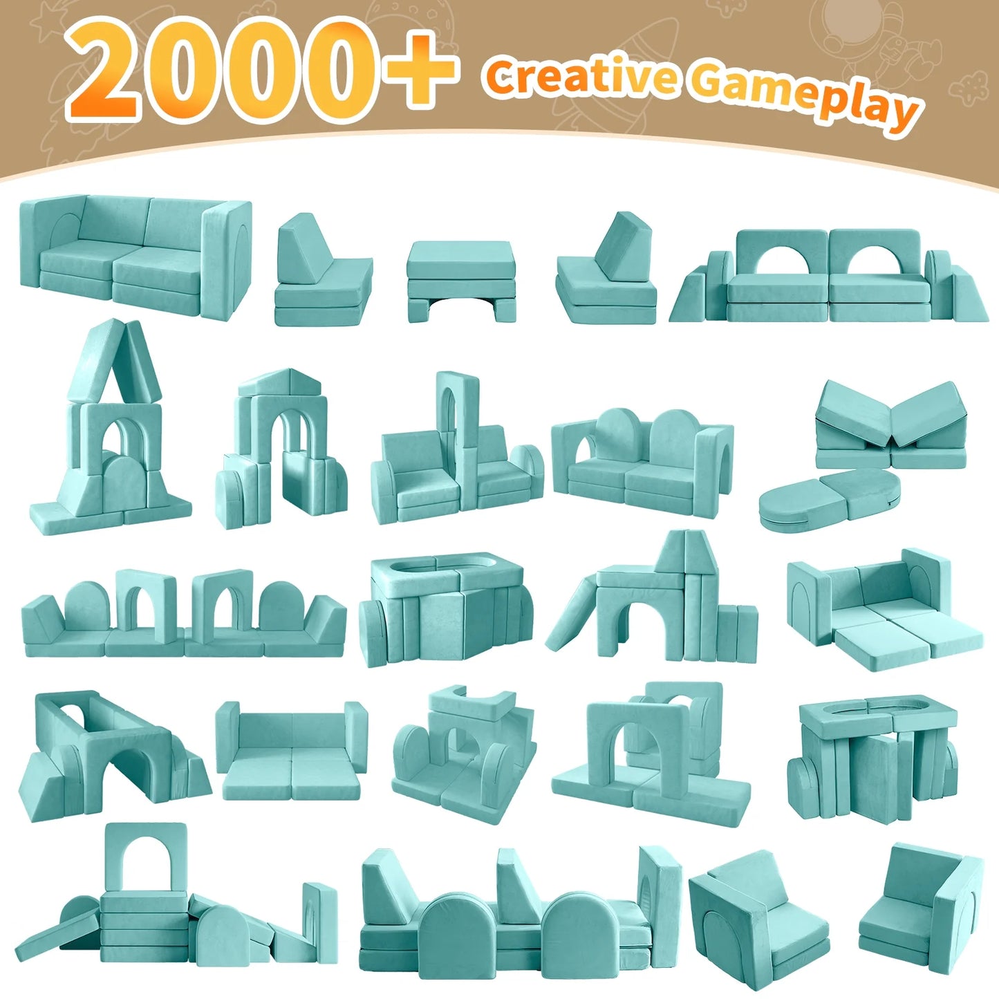 Kids Sofa Couch 10PCS,  Modular Toddler Couch for Playroom, Dutch Velvet Multifunctional Play Couch Sofa for Kids, Ice-Snow Blue