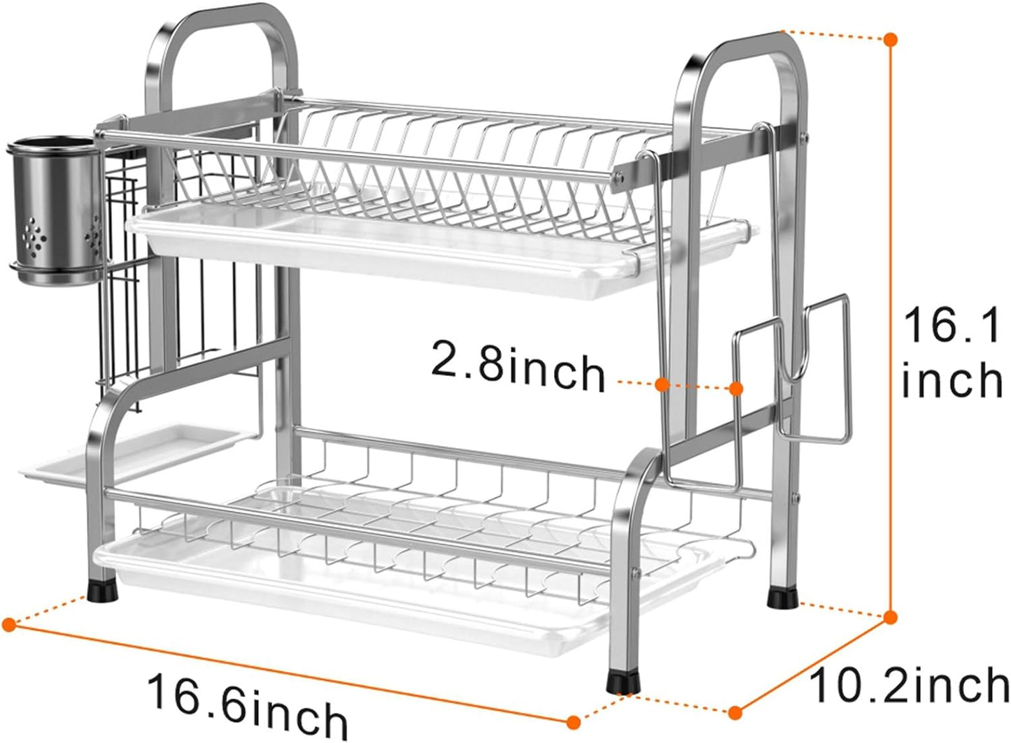 Dish Drying Rack - 304 Stainless Steel 2 Tier Dish Racks with Automatic Drainage for Kitchen Counter, Dish Drainer with Drainboard, Stainless Steel Utensil Holder, Cutting Board Holder, Silver