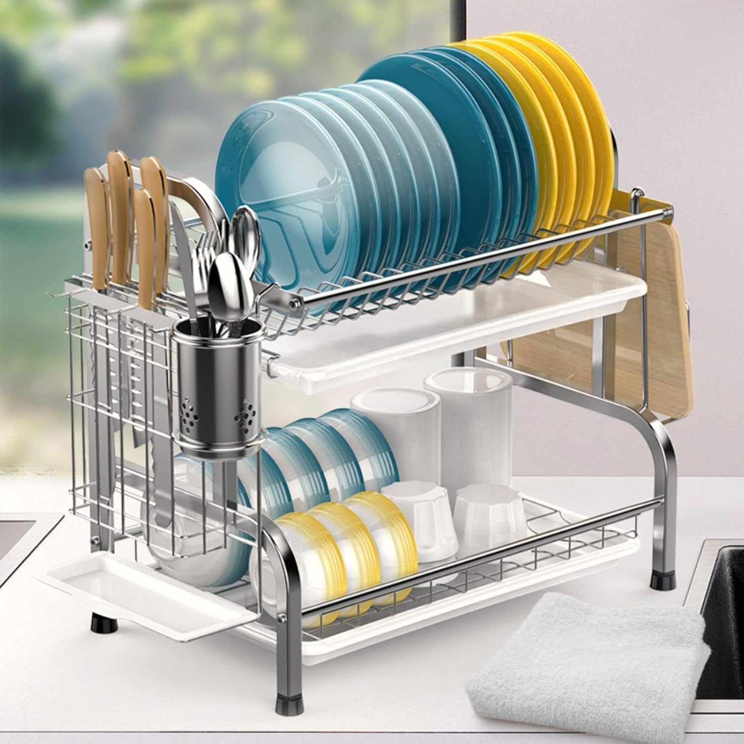 Dish Drying Rack - 304 Stainless Steel 2 Tier Dish Racks with Automatic Drainage for Kitchen Counter, Dish Drainer with Drainboard, Stainless Steel Utensil Holder, Cutting Board Holder, Silver