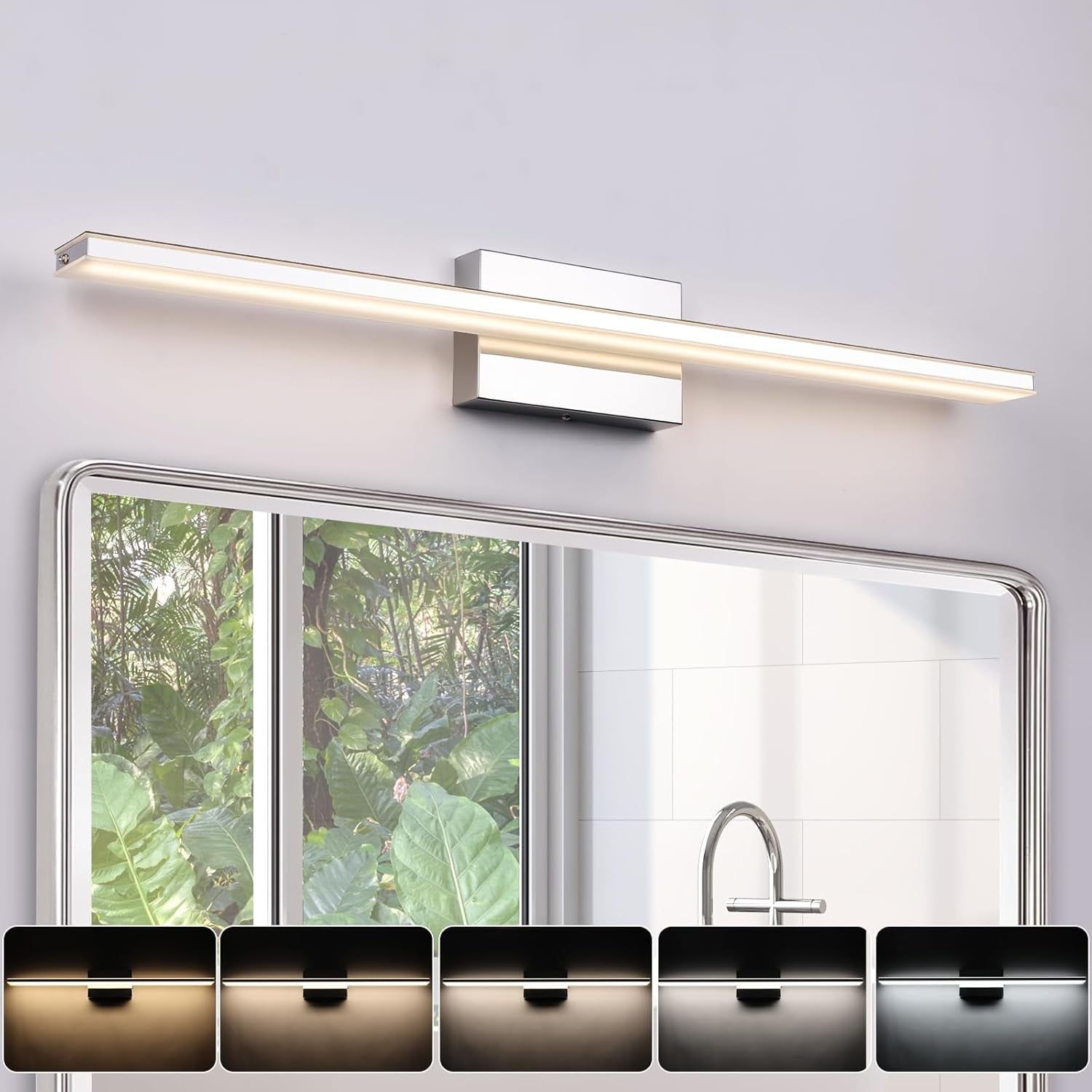 Chrome Bathroom Light Fixtures 24 Inch Bath Wall Lighting IP44 14W Vanity Lamp Bar Modern LED Lights for Vanity Rectangle Bathroom Lamps over Mirror Acrylic Restroom Sink Light