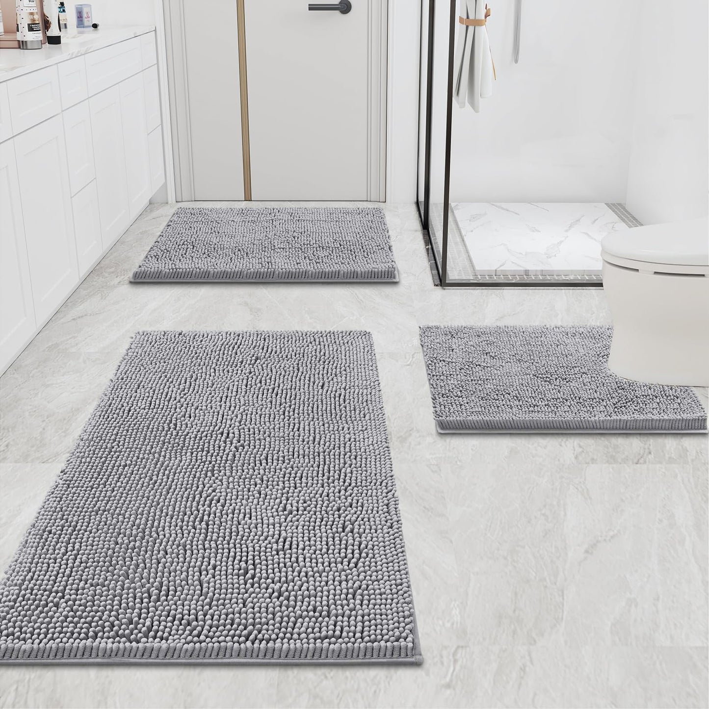 Luxury Chenille Bathroom Rugs, Extra Soft and Absorbent Bath Mat, Light Grey, 17"X47"