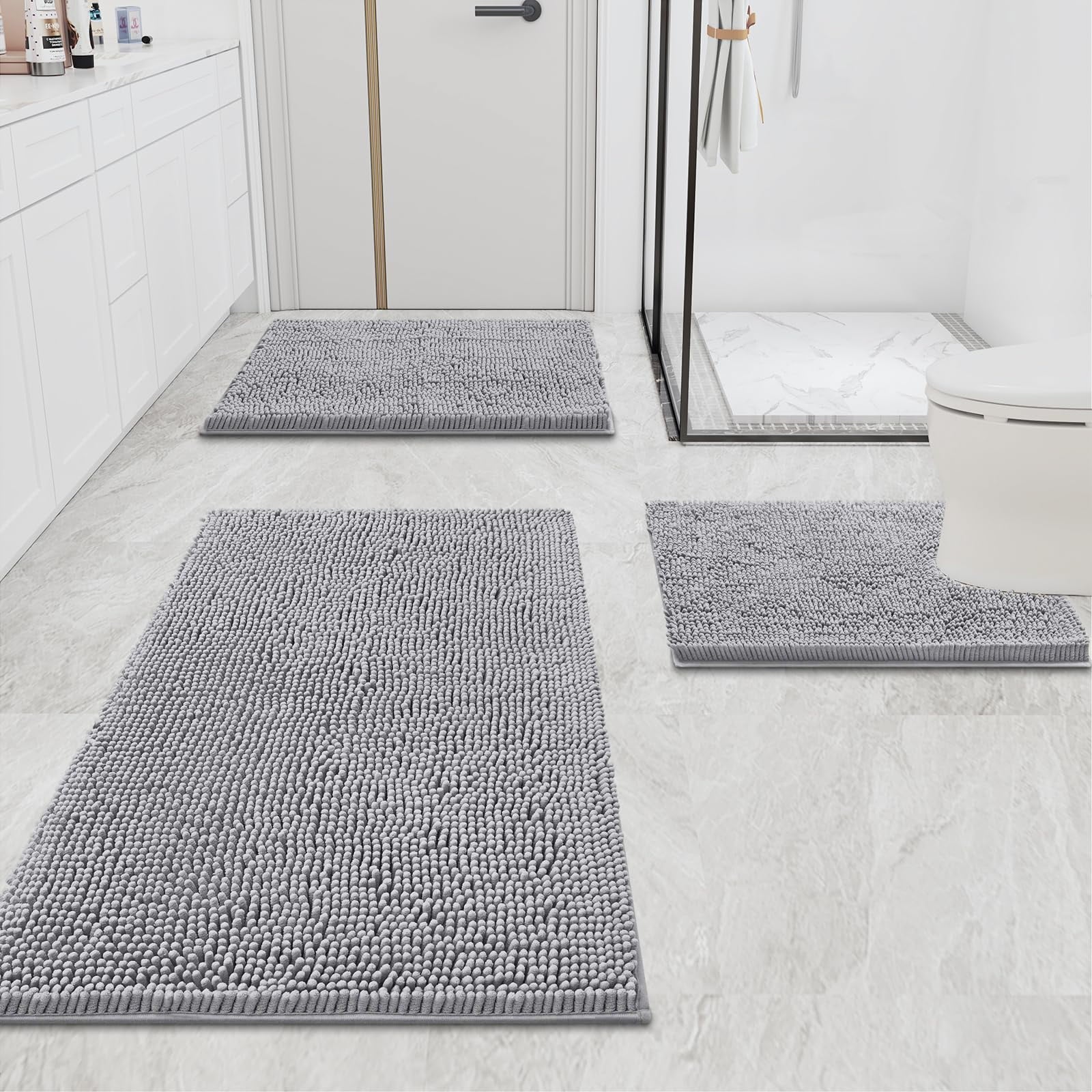 Luxury Chenille Bathroom Rugs, Extra Soft and Absorbent Bath Mat, Light Grey, 17"X47"
