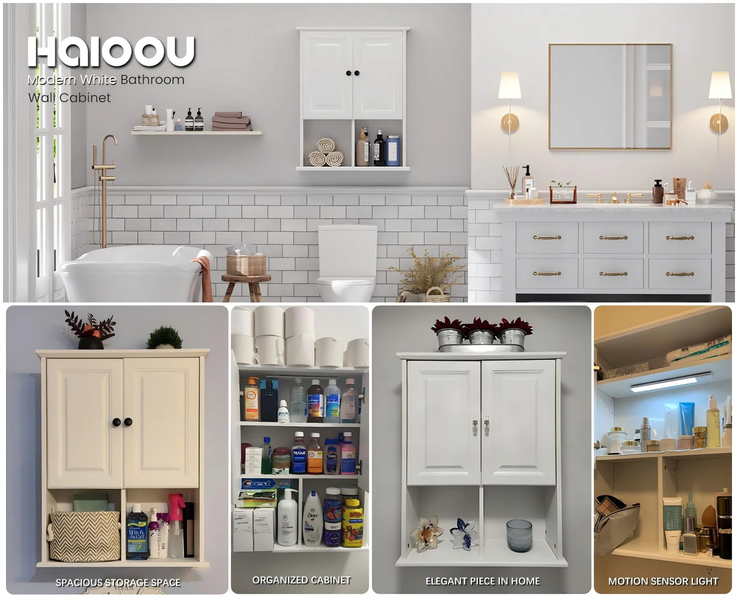 Bathroom Wall Cabinet with Motion Sensor LED Light, over Toilet Storage Cabinet with Buffering Hinges and Adjustable Shelf (White)