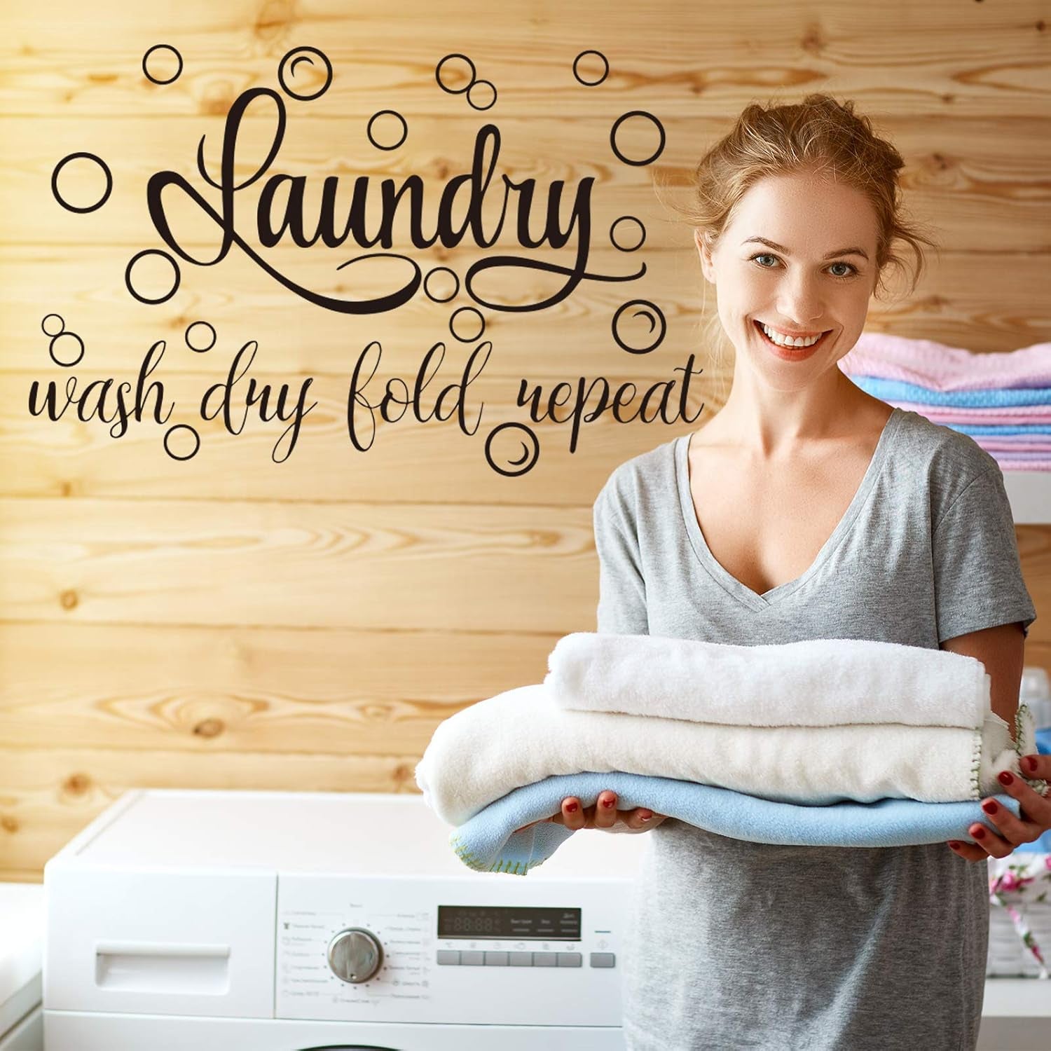 Laundry Room Sign Decals Decor Bubble Quote Stickers Wash Dry Fold Repeat Wall Signs Arts Funny Laundry Room Signs for Bathroom Home Decorations Supplies(13.8 X 21.7 Inch,Black)