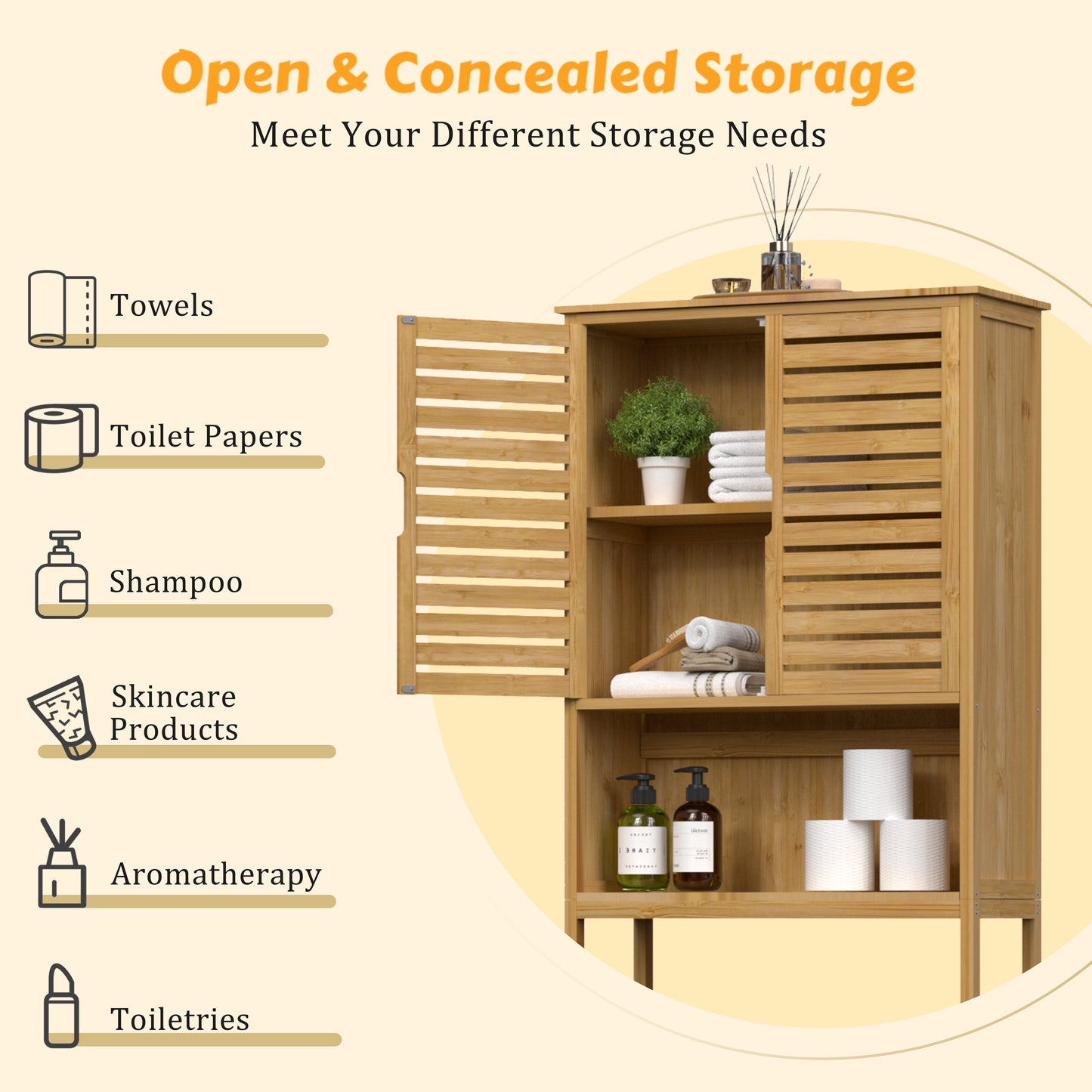 Bamboo over the Toilet Storage Cabinet Space-Saving Bathroom Cabinet W/ 2 Shelves and Cupboard