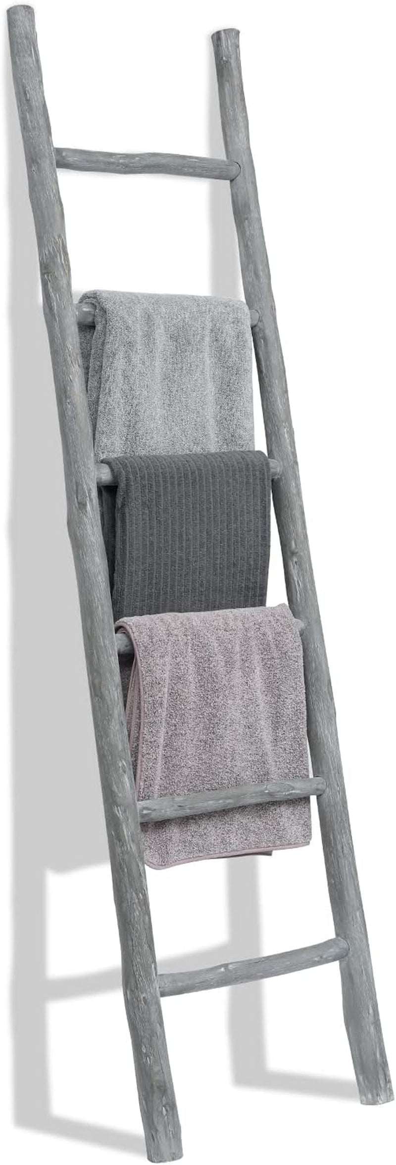 57In Wood Blanket Ladder Living Room Decorative Wall Leaning Farmhouse Quilt Display Holder Rustic Wooden Towel Rack for Bathroom, Unfinished