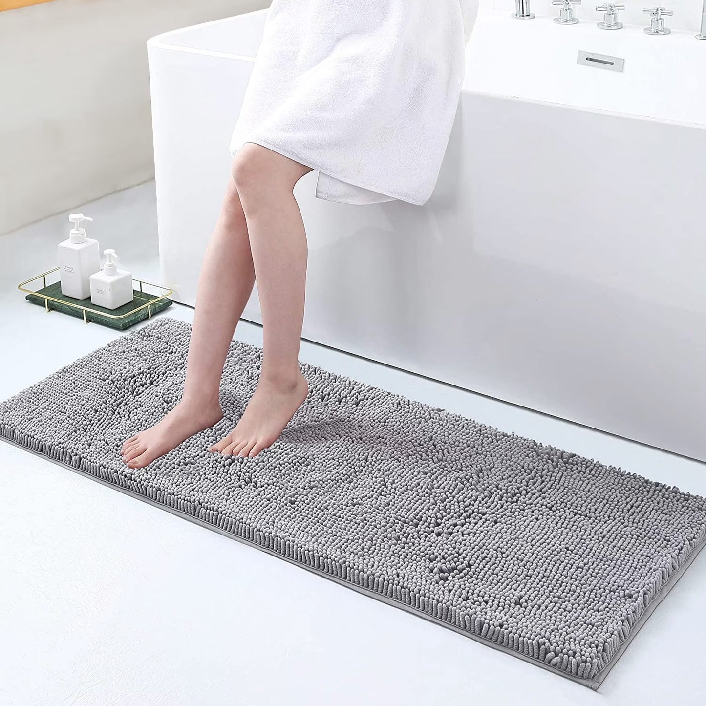 Luxury Chenille Bathroom Rugs, Extra Soft and Absorbent Bath Mat, Light Grey, 17"X47"
