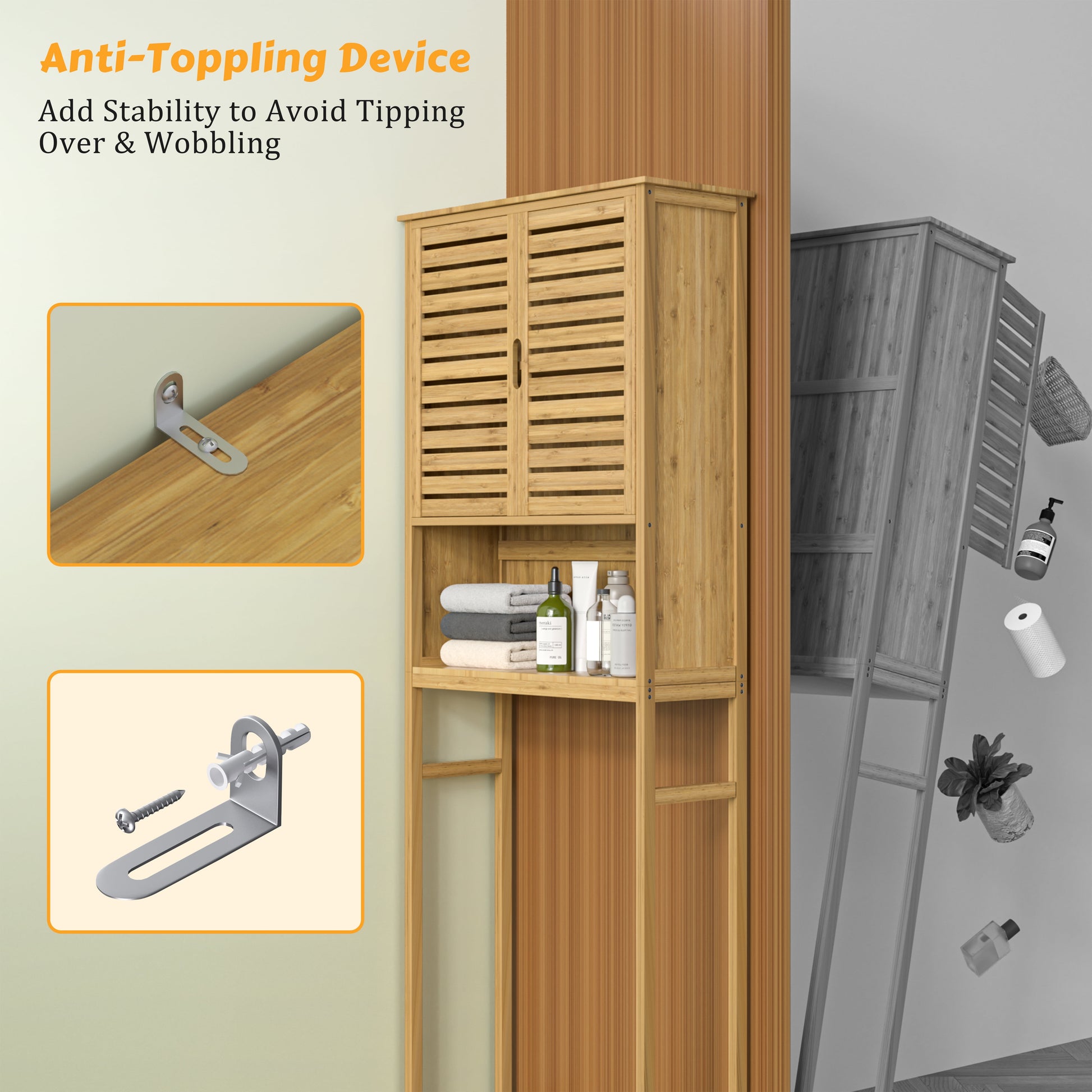 Bamboo over the Toilet Storage Cabinet Space-Saving Bathroom Cabinet W/ 2 Shelves and Cupboard