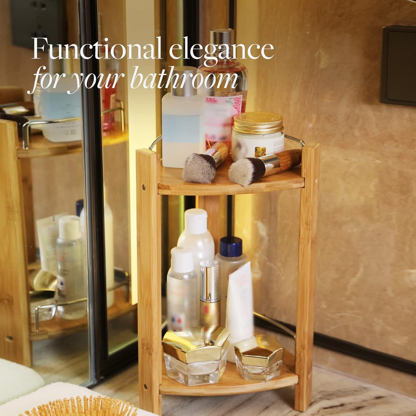 Bamboo Shower Corner Caddy, Medium - 2 Tier Bathroom Organizer Countertop for Shampoo, Conditioner, Lotion, Soap - Standing Shower Stand for Kitchen, Bedroom, or Office