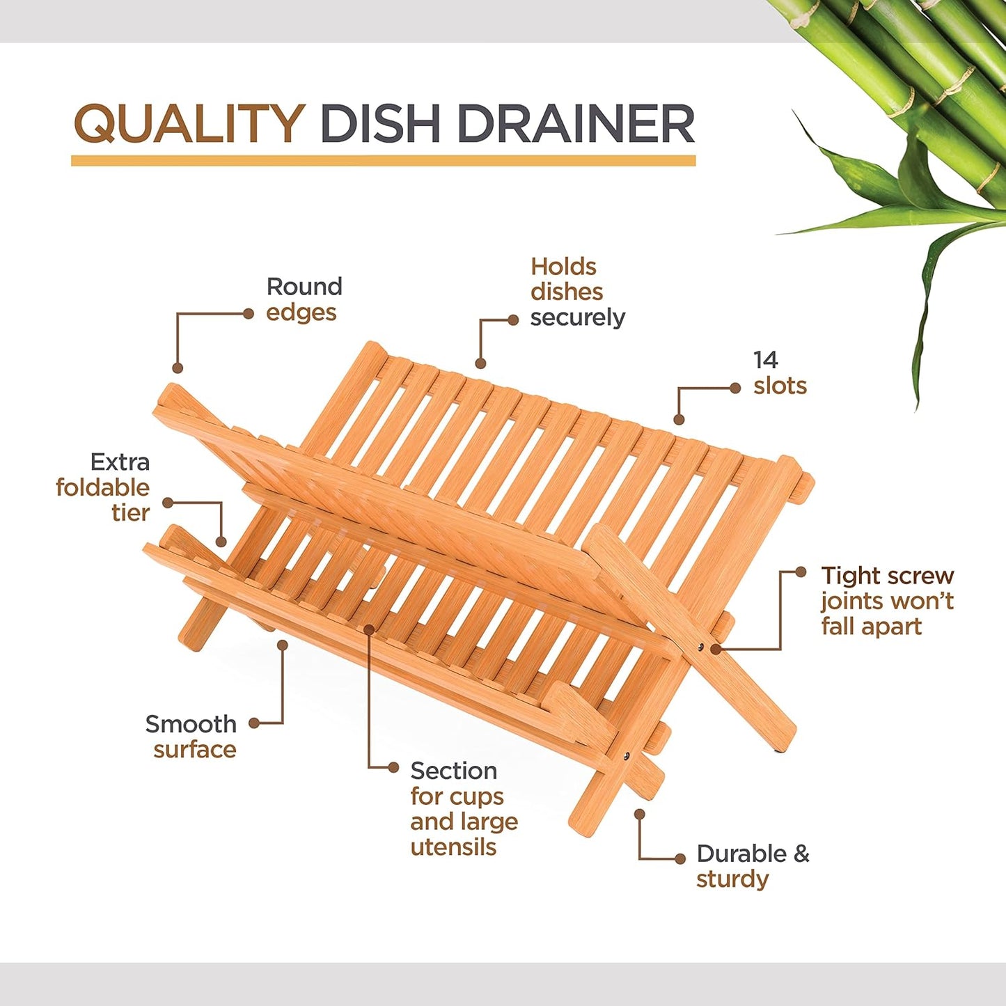 Dish Drying Rack - Bamboo Dish Rack for Kitchen Counter, Collapsible 2-Tier Wooden Drying Rack for Dishes, Plates, Cups, Utensils - Foldable Dish Drainer, Space-Saving Kitchen Drying Rack Organizer
