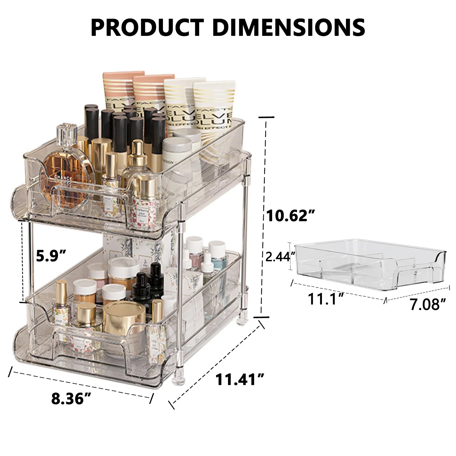 2-Pack under Sink Organizer Storage, 2-Tier 11.4" Tall under Sink Storage Organizer, Clear