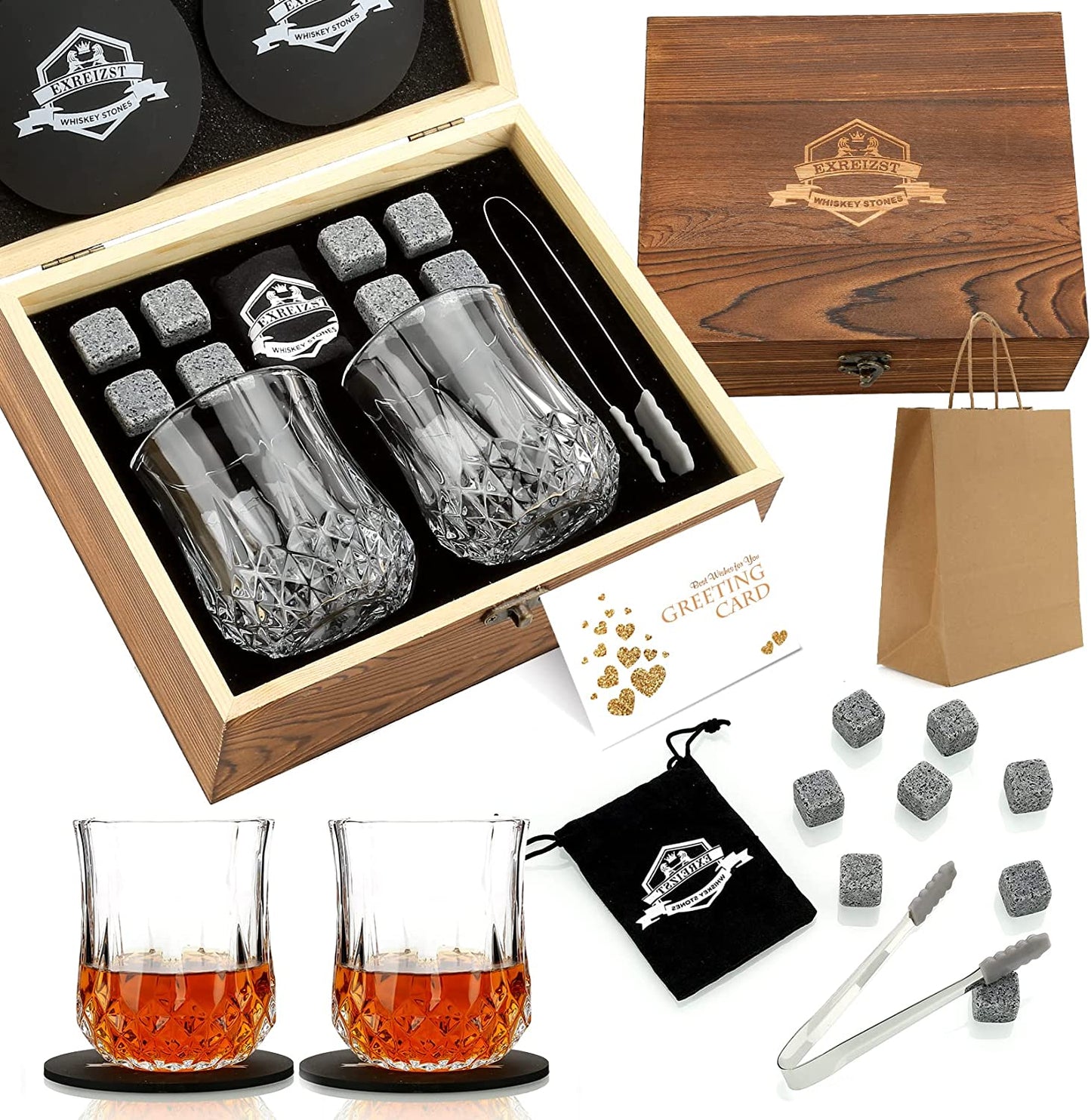 Whiskey Stones Gift Set - Whiskey Glass Set of 2 - Granite Chilling Whiskey Rocks - Scotch Bourbon Box Set -Father'S Day Birthday Gifts for Men Drinking Gift for Dad Him Husband Party Holiday Present