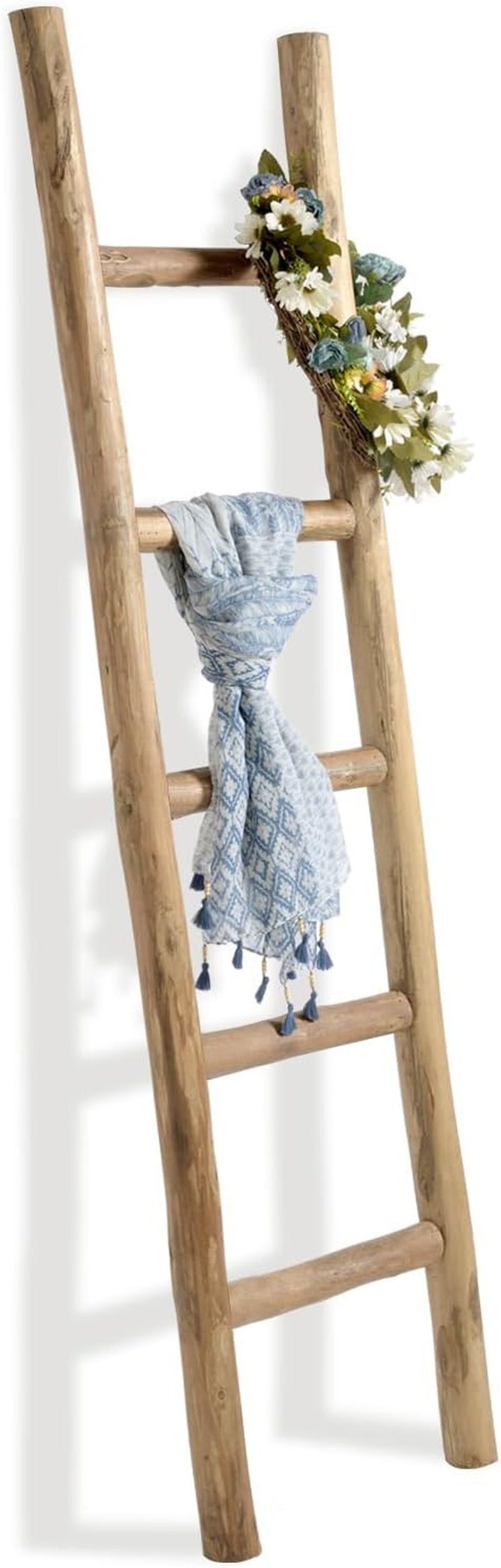 57In Wood Blanket Ladder Living Room Decorative Wall Leaning Farmhouse Quilt Display Holder Rustic Wooden Towel Rack for Bathroom, Unfinished