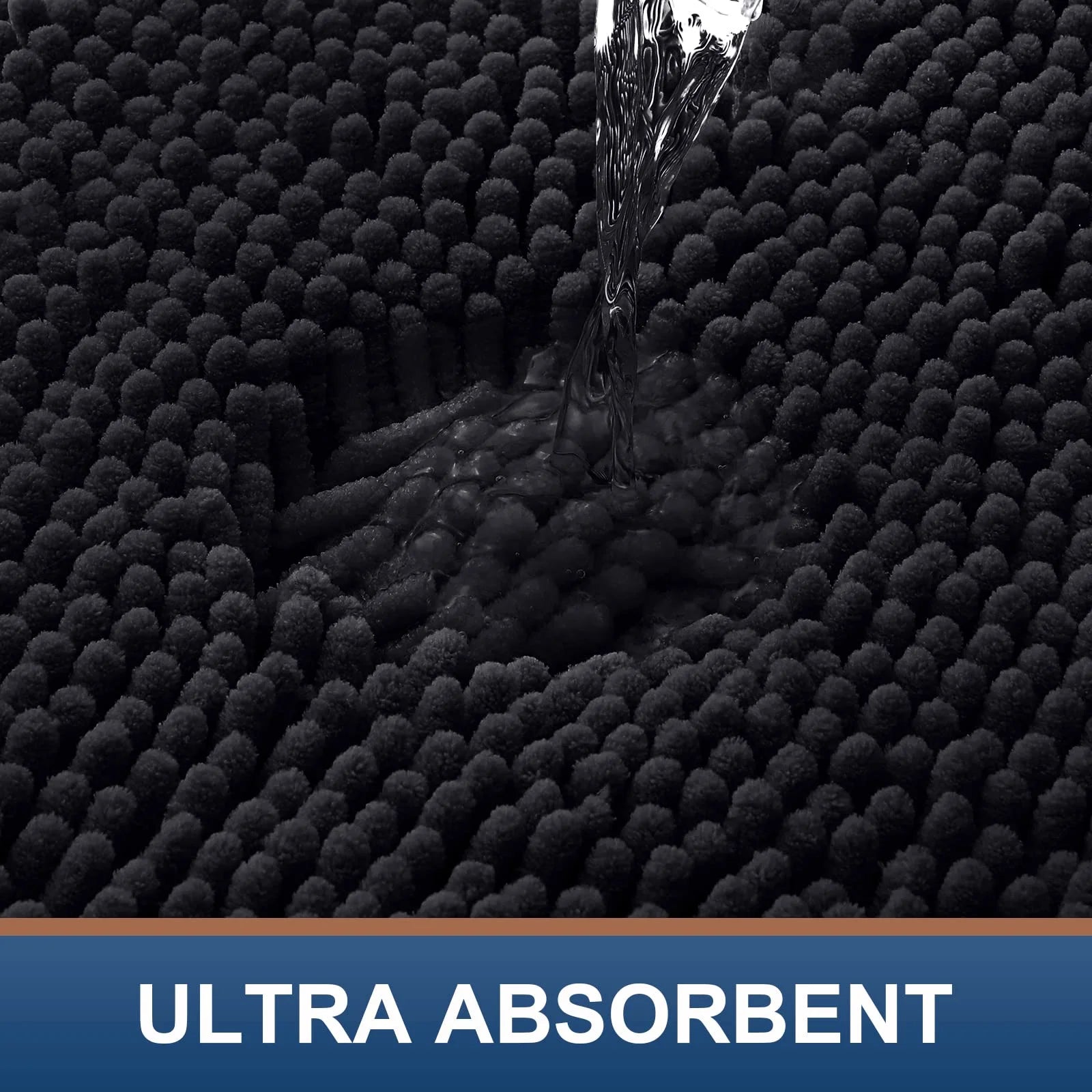 Luxury Chenille Bathroom Rugs, Extra Soft and Absorbent Bath Mat, Black, 17"X47"