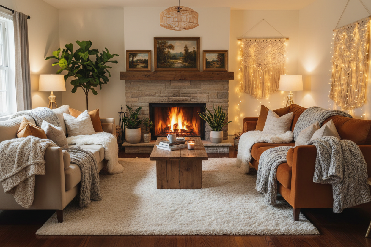create a cozy inviting living room, with plush couches and fluffy throw blankets. room has a fluffy large area rug, a fireplace with fire burning, plants and a coffee table. warm ambient lighting with warm string lights on one side. 