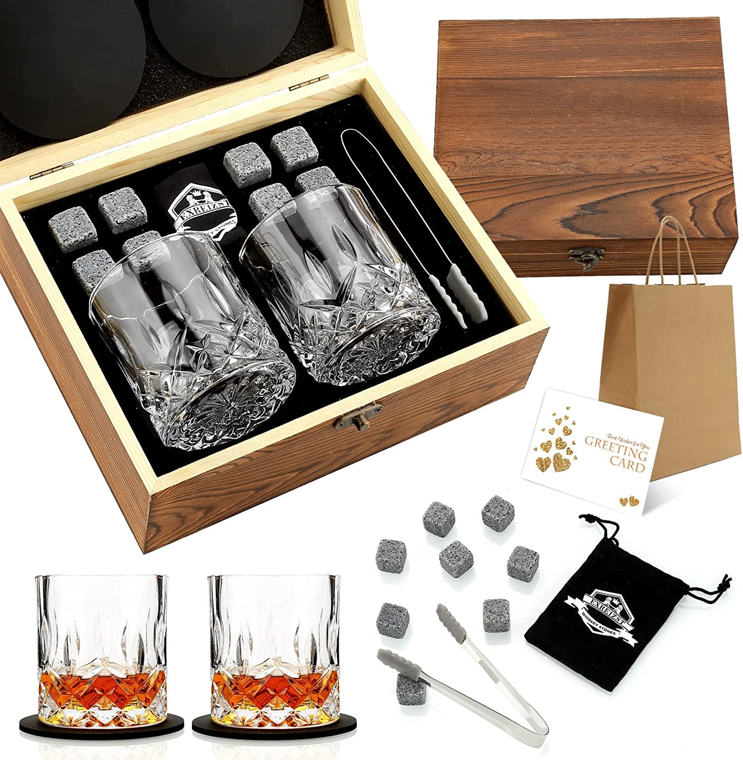Whiskey Stones Gift Set - Whiskey Glass Set of 2 - Granite Chilling Whiskey Rocks - Scotch Bourbon Box Set -Father'S Day Birthday Gifts for Men Drinking Gift for Dad Him Husband Party Holiday Present