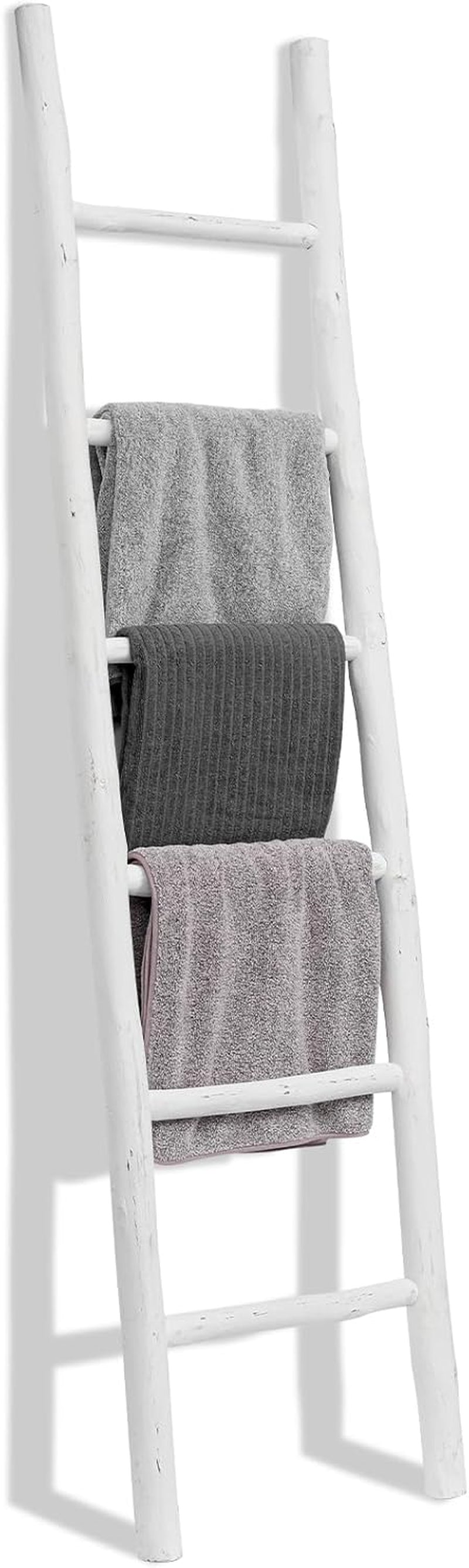 57In Wood Blanket Ladder Living Room Decorative Wall Leaning Farmhouse Quilt Display Holder Rustic Wooden Towel Rack for Bathroom, Unfinished