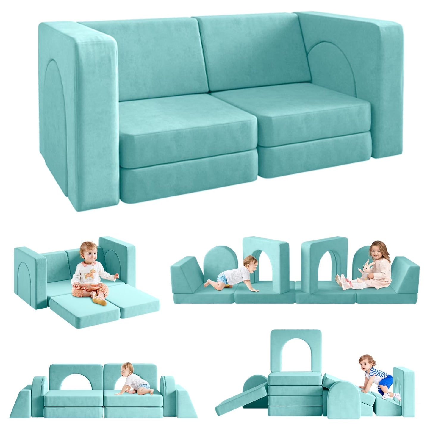 Kids Sofa Couch 10PCS,  Modular Toddler Couch for Playroom, Dutch Velvet Multifunctional Play Couch Sofa for Kids, Ice-Snow Blue