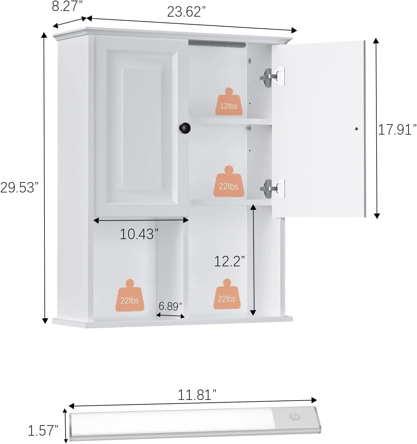 Bathroom Wall Cabinet with Motion Sensor LED Light, over Toilet Storage Cabinet with Buffering Hinges and Adjustable Shelf (White)