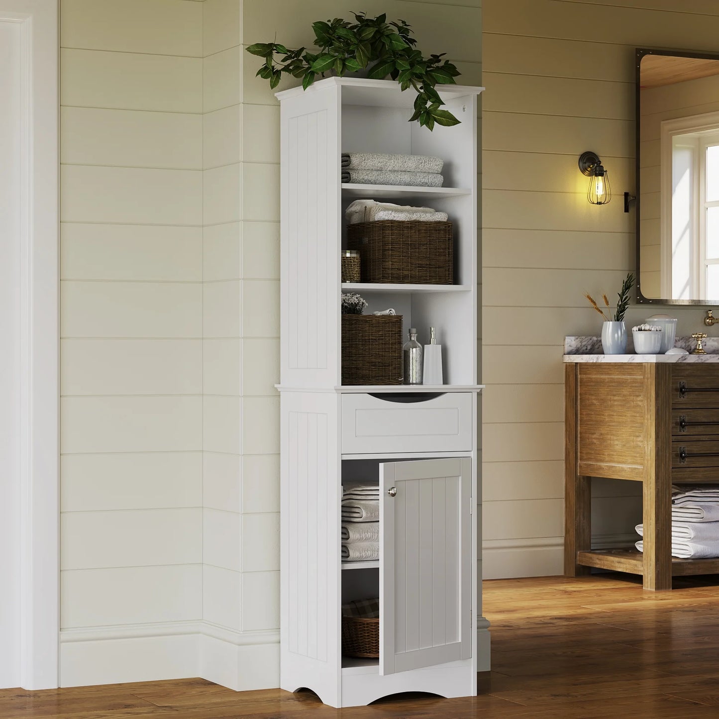 Ashland Tall Bathroom Storage Linen Cabinet Organizer with Drawer - White