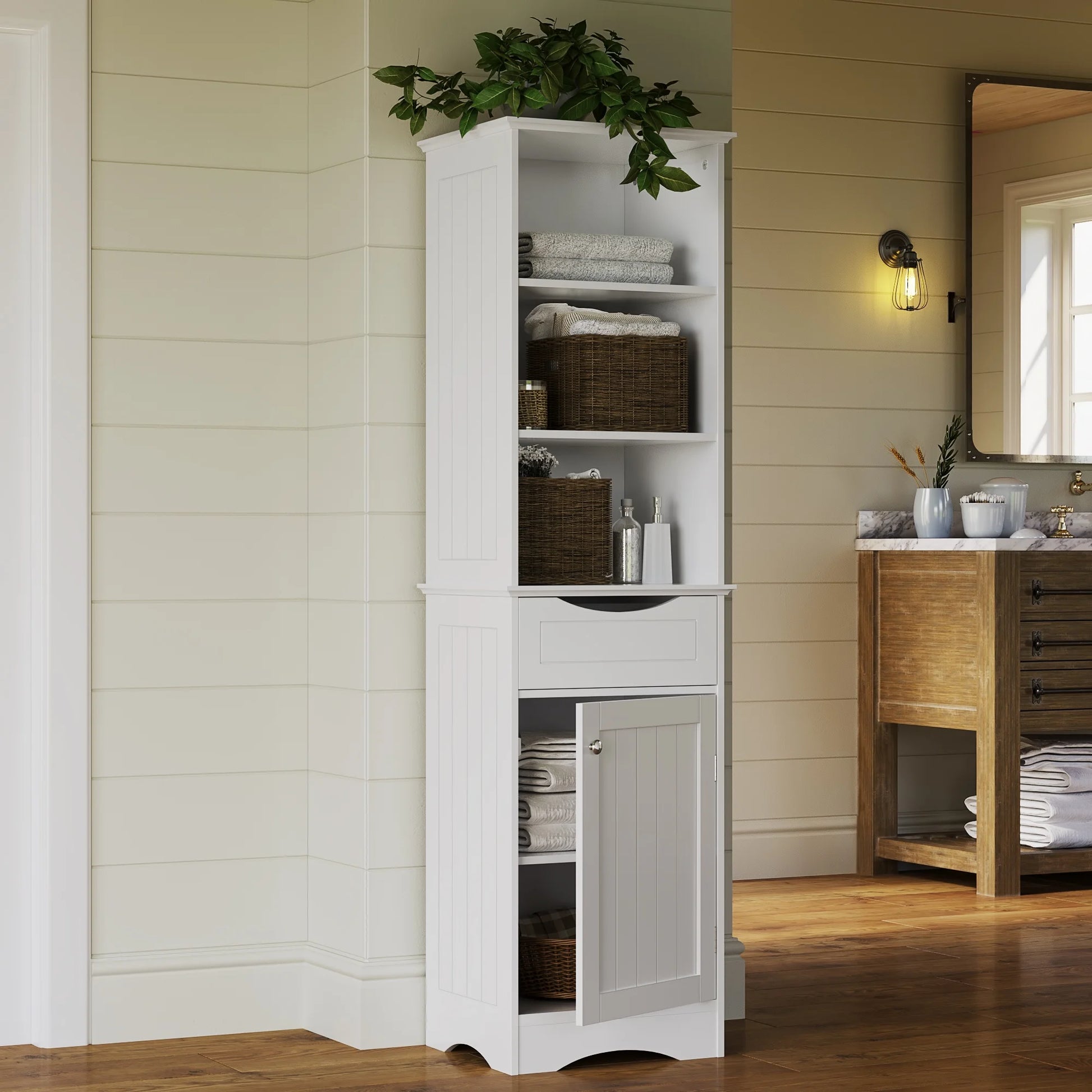 Ashland Tall Bathroom Storage Linen Cabinet Organizer with Drawer - White