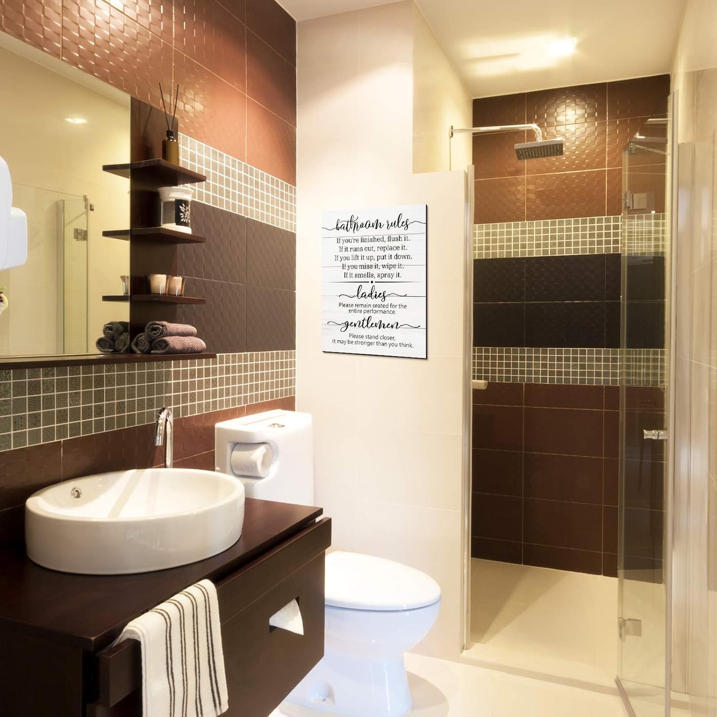 Signs for Bathroom Restroom Wall Art Decor Funny Toilet Signs for Bathroom Door Rules Farmhouse Rustic Wood Hanging Decor for Laundry Room Home, 13.8 X 10.6 Inch(White)