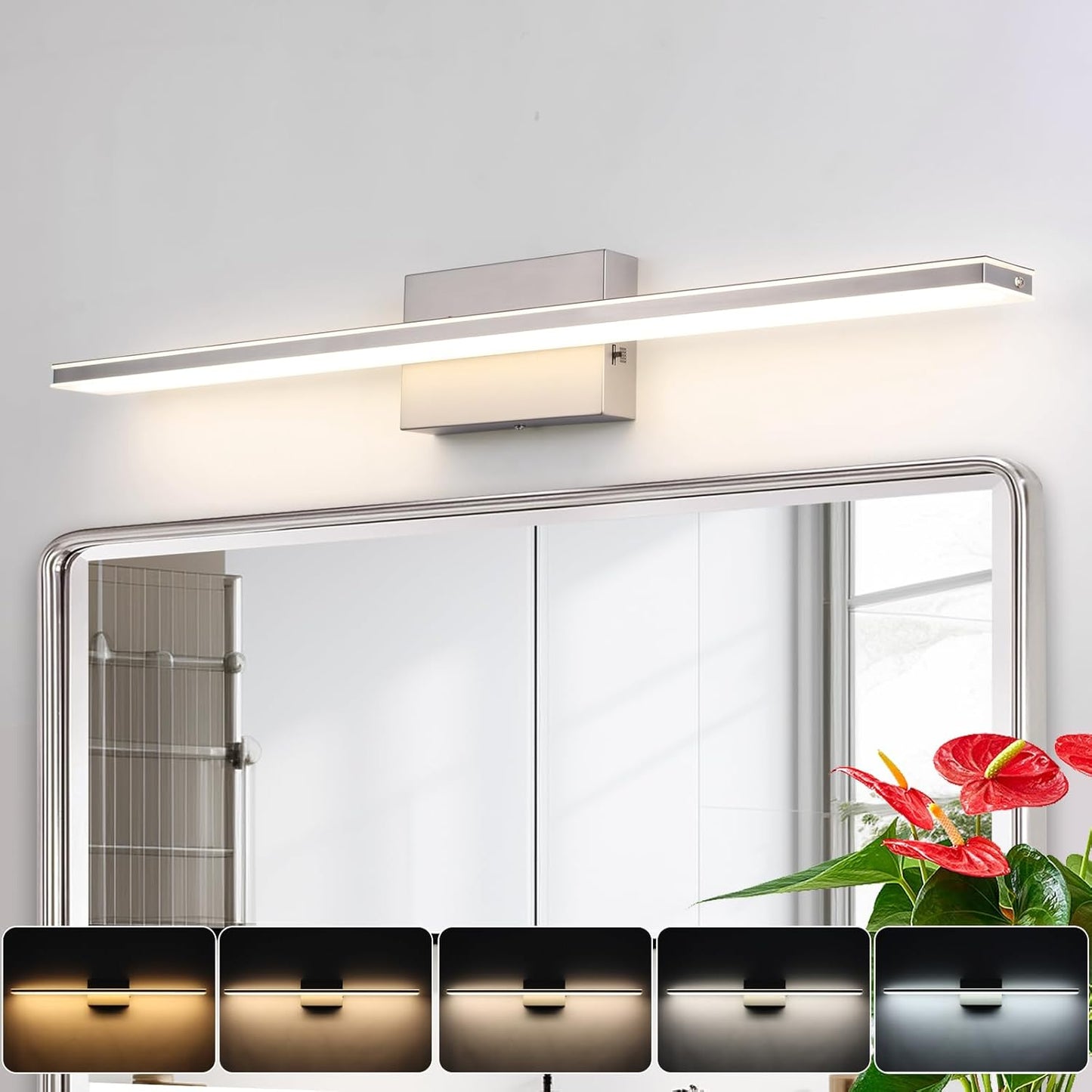 Chrome Bathroom Light Fixtures 24 Inch Bath Wall Lighting IP44 14W Vanity Lamp Bar Modern LED Lights for Vanity Rectangle Bathroom Lamps over Mirror Acrylic Restroom Sink Light