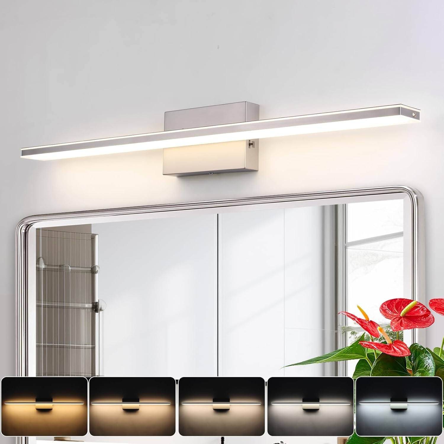 Chrome Bathroom Light Fixtures 24 Inch Bath Wall Lighting IP44 14W Vanity Lamp Bar Modern LED Lights for Vanity Rectangle Bathroom Lamps over Mirror Acrylic Restroom Sink Light