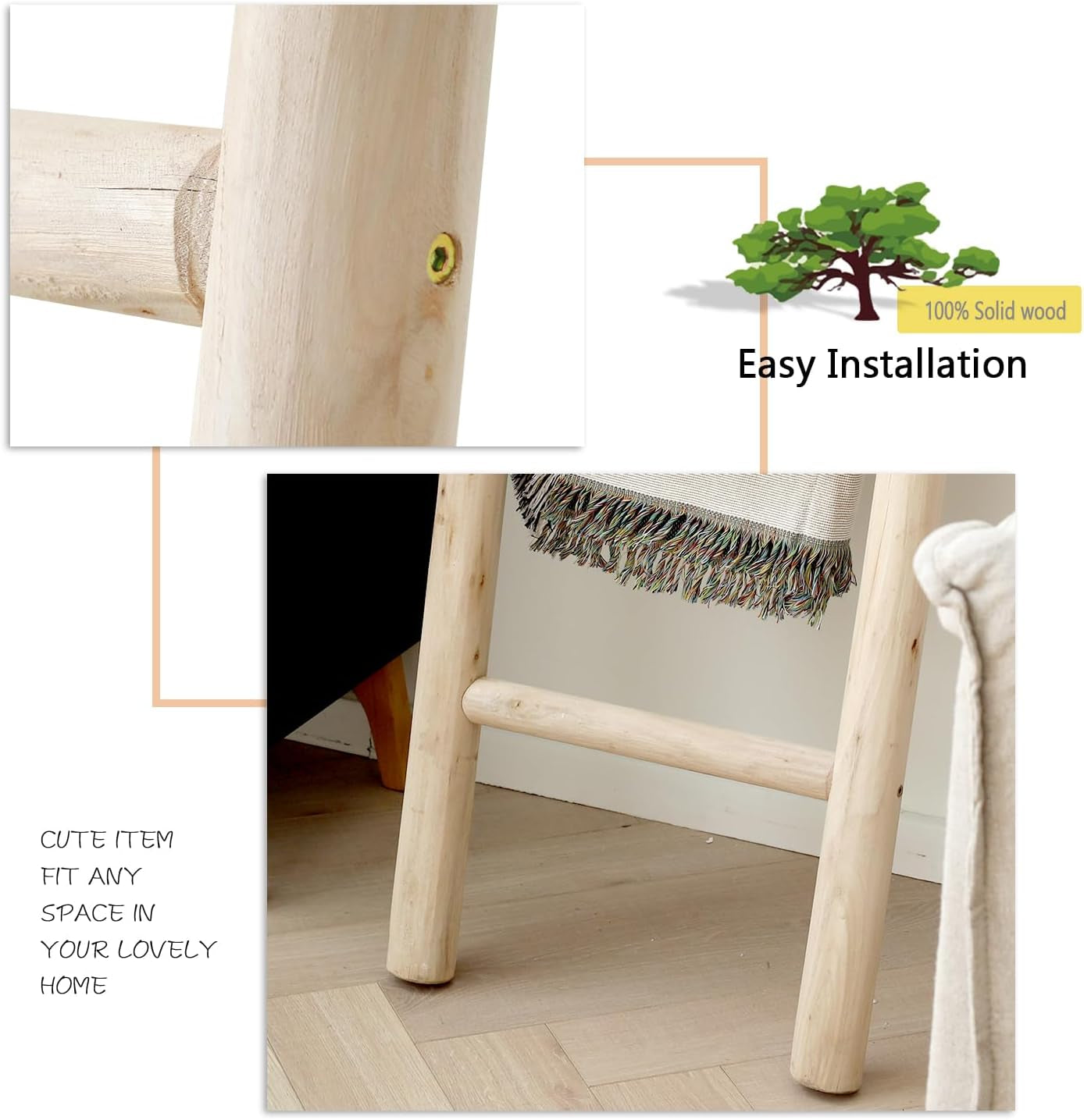 57In Wood Blanket Ladder Living Room Decorative Wall Leaning Farmhouse Quilt Display Holder Rustic Wooden Towel Rack for Bathroom, Unfinished