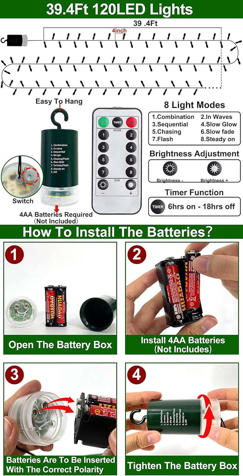 120LED 39.4Ft Christmas String Lights Battery Operated Timer 8 Modes Remote Control Waterproof Green Wire Xmas Tree Fairy Lights Decor Outdoor Indoor Home Party Garden (Warm White)