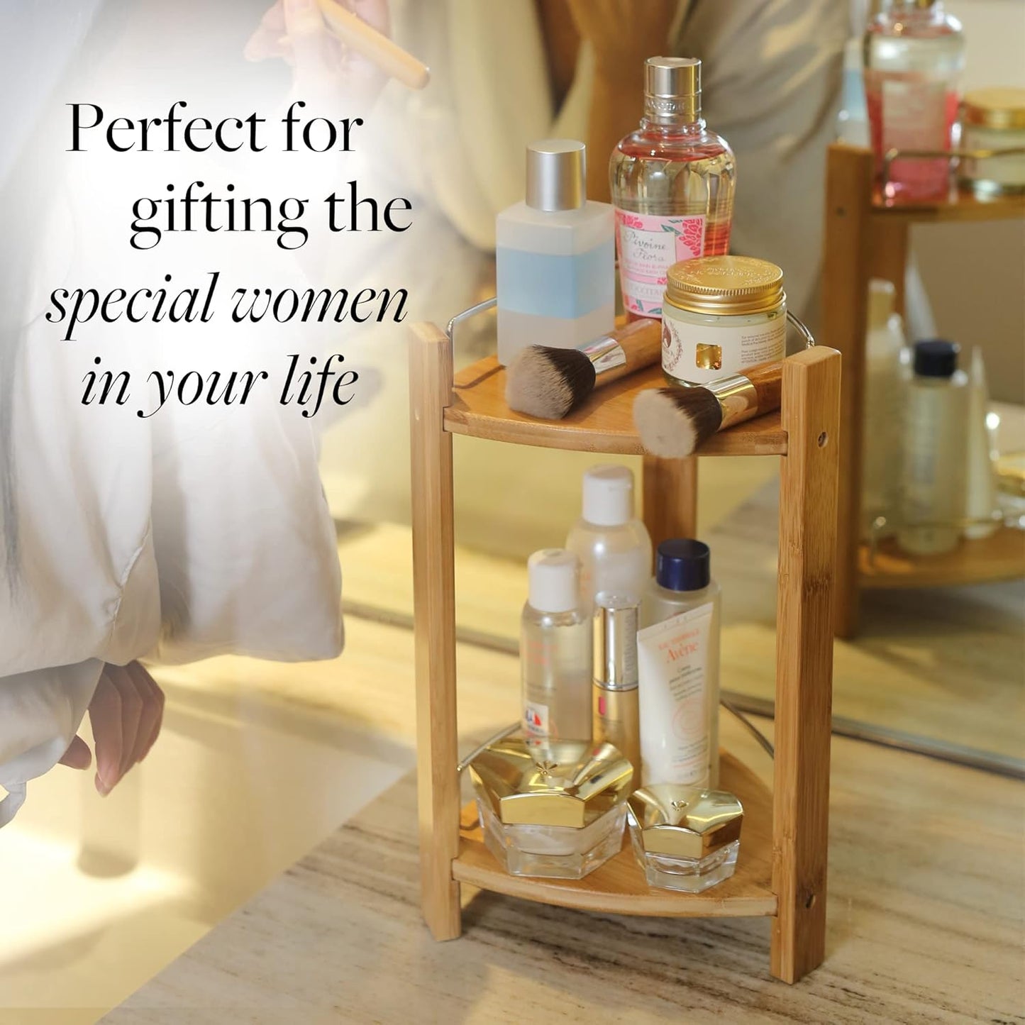 Bamboo Shower Corner Caddy, Medium - 2 Tier Bathroom Organizer Countertop for Shampoo, Conditioner, Lotion, Soap - Standing Shower Stand for Kitchen, Bedroom, or Office