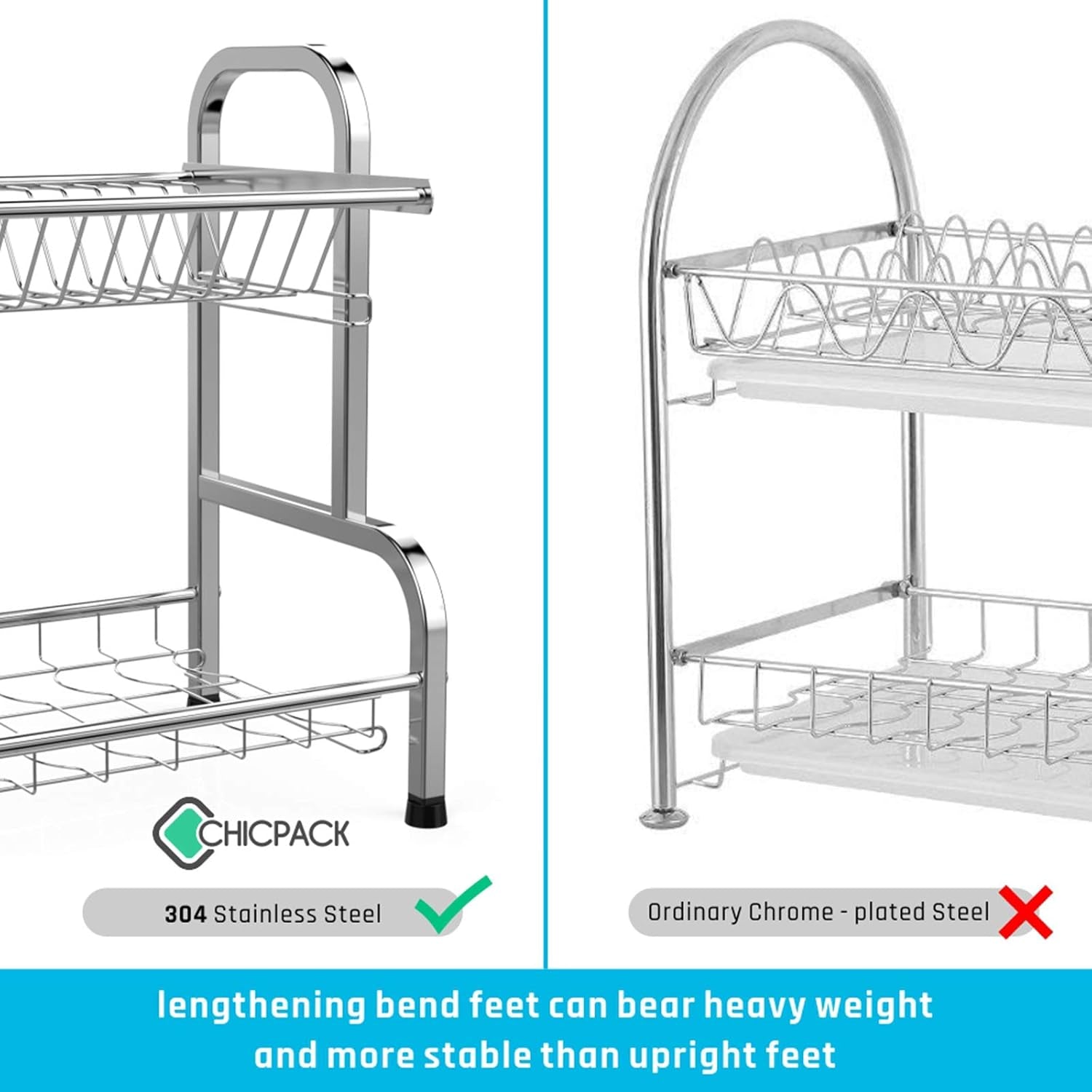 Dish Drying Rack - 304 Stainless Steel 2 Tier Dish Racks with Automatic Drainage for Kitchen Counter, Dish Drainer with Drainboard, Stainless Steel Utensil Holder, Cutting Board Holder, Silver
