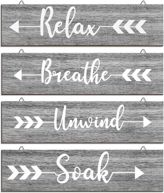 4 Pieces Farmhouse Bathroom Wall Decor Soak Relax Unwind Breathe Wooden Signs Rustic Wooden Plaque with Arrow Signs Hanging Vintage Bathroom Wall Decor for Home Laundry Room Bathroom (Gray)