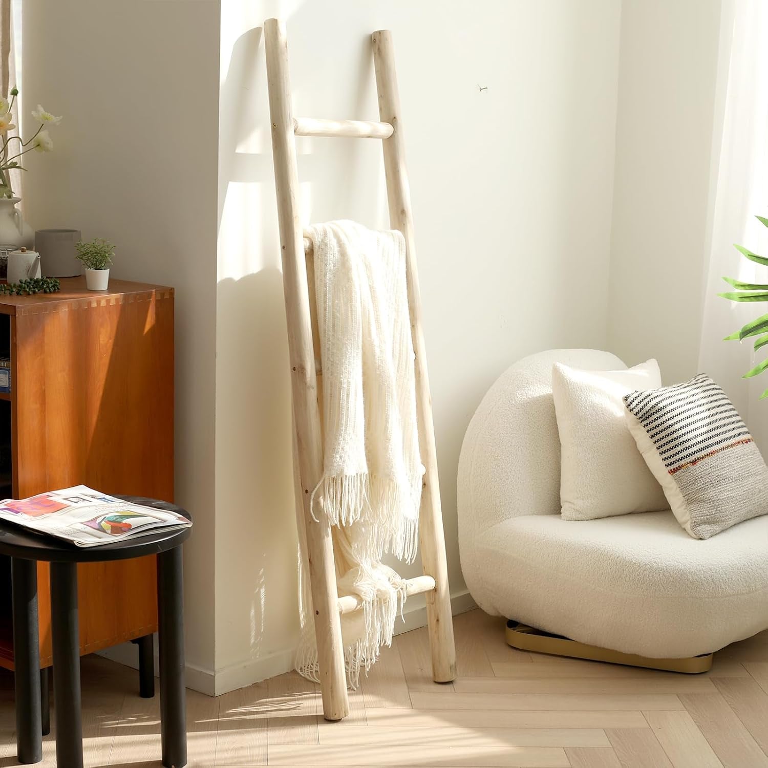 57In Wood Blanket Ladder Living Room Decorative Wall Leaning Farmhouse Quilt Display Holder Rustic Wooden Towel Rack for Bathroom, Unfinished