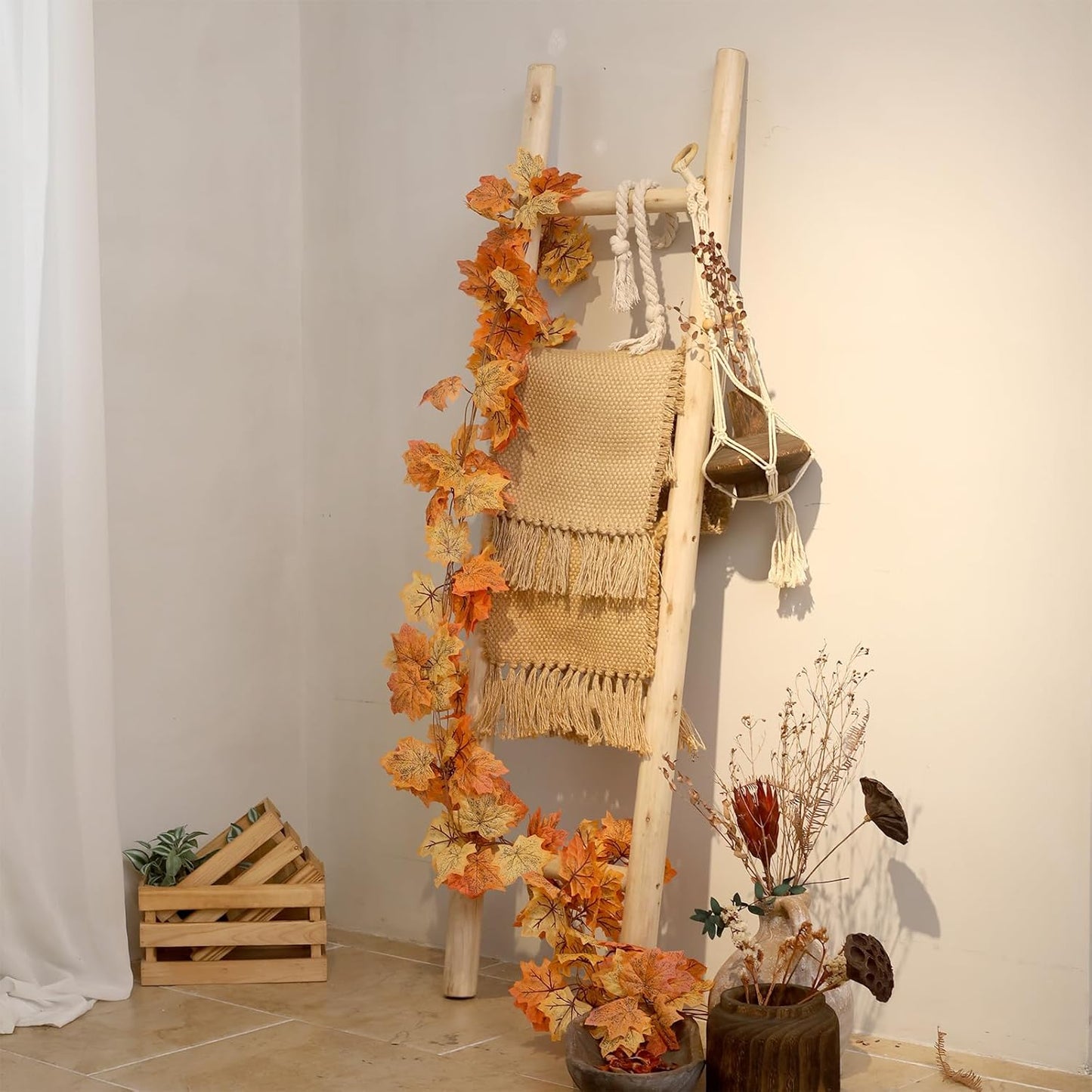 57In Wood Blanket Ladder Living Room Decorative Wall Leaning Farmhouse Quilt Display Holder Rustic Wooden Towel Rack for Bathroom, Unfinished