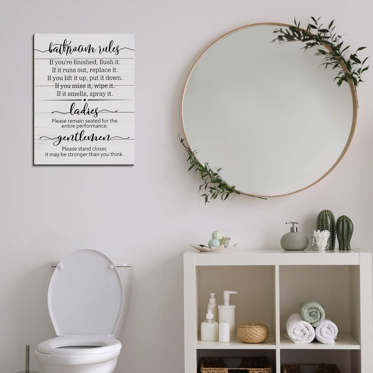 Signs for Bathroom Restroom Wall Art Decor Funny Toilet Signs for Bathroom Door Rules Farmhouse Rustic Wood Hanging Decor for Laundry Room Home, 13.8 X 10.6 Inch(White)
