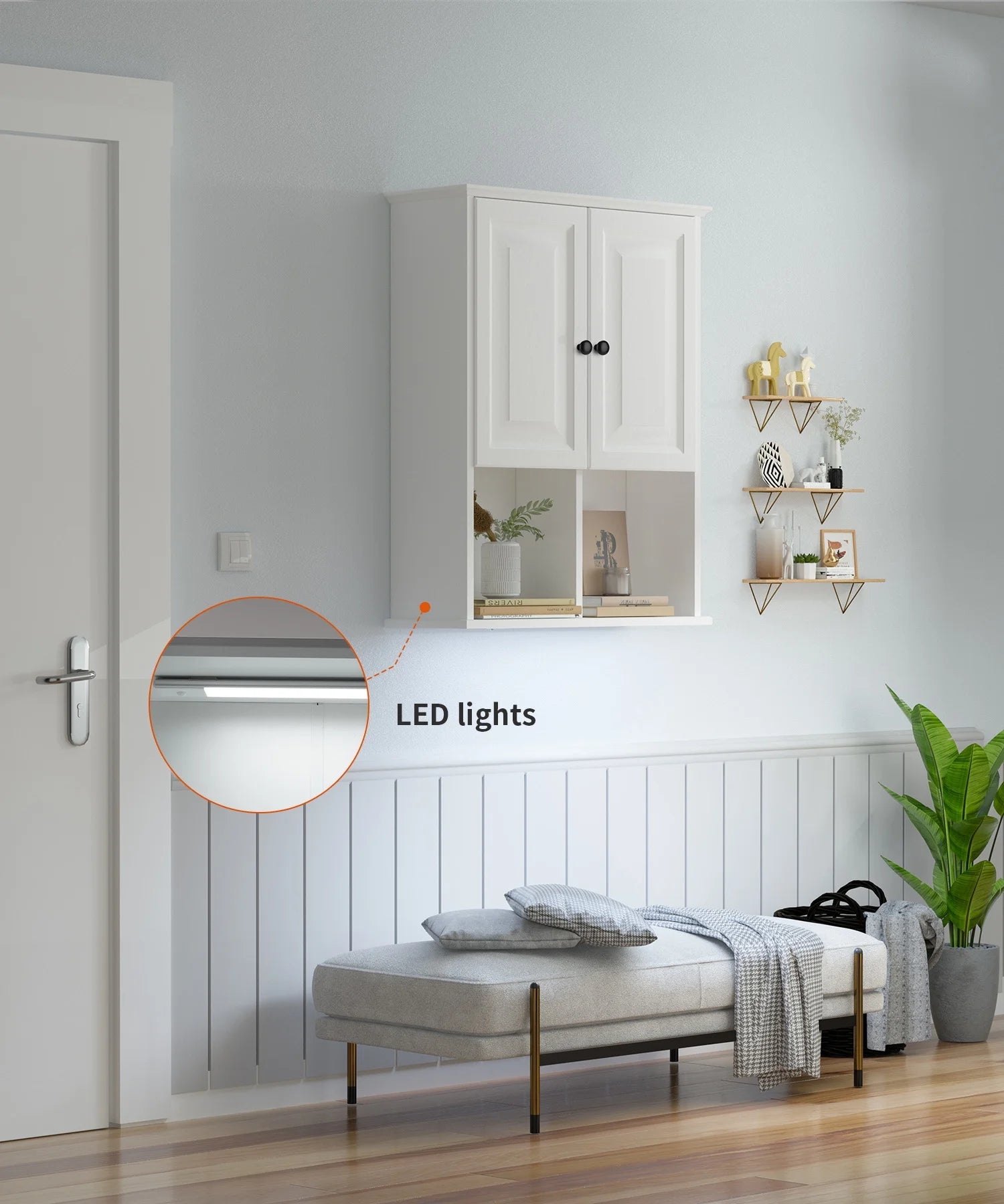 Bathroom Wall Cabinet with Motion Sensor LED Light, over Toilet Storage Cabinet with Buffering Hinges and Adjustable Shelf (White)